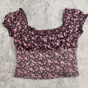 Wild Fable Whimsygoth Pink Black Puff Sleeve Milkmaid Blouse Crop Top Floral Med